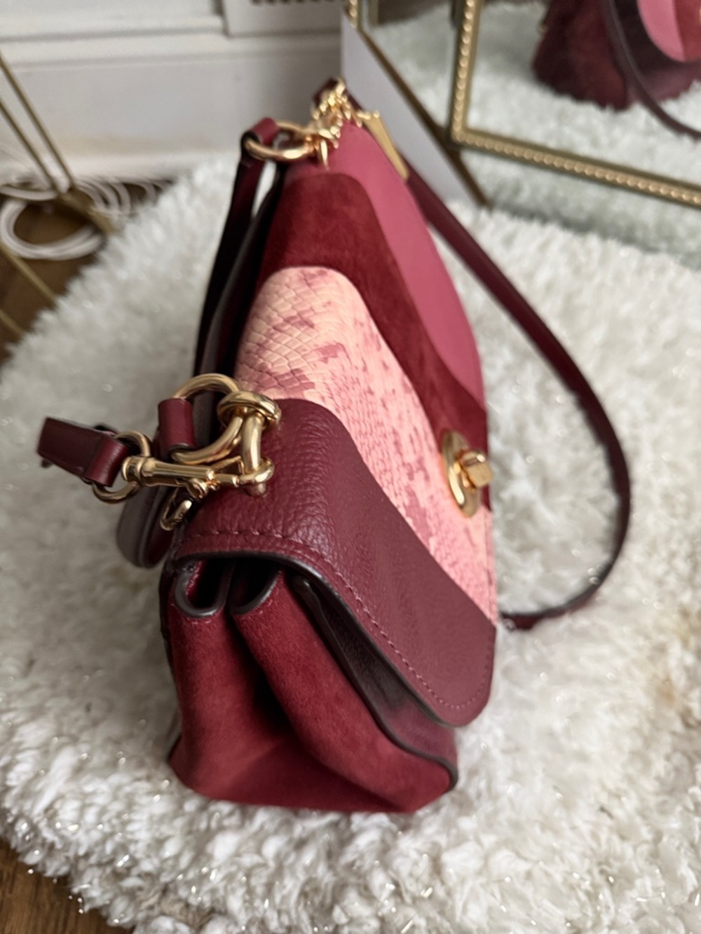 Coach Burgundy and Pink Patchwork Suede & Leather Crossbody - Picture 2 of 6